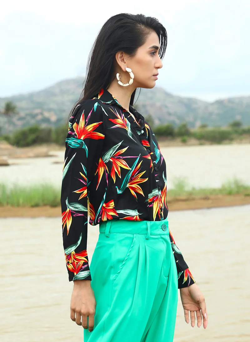 Pinacolada  Women's Onyx Black Wild Foliage Shirt For Casual Wear | Spread Collar | Long Sleeve | Button Closure | Shirt Designed With Comfortable Fit For Woman & Girls for Women | Best Price UAE